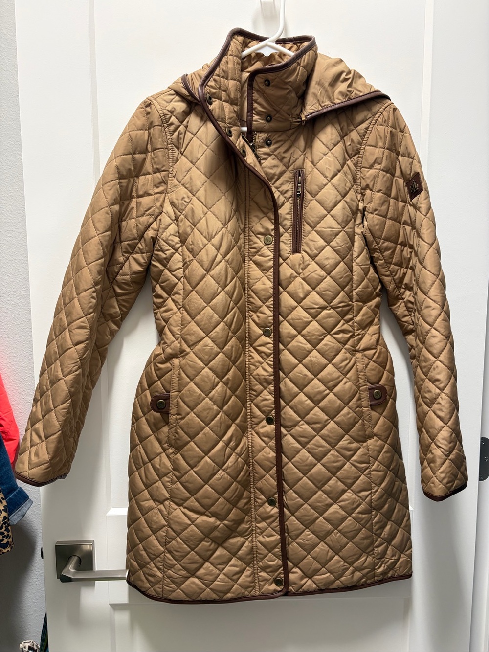 Lauren Ralph Lauren Quilted Utility Coat in Camel with Brown Trim Size Small
